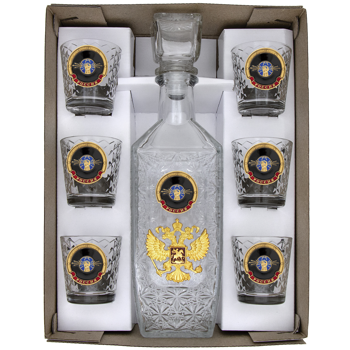 Набор подарочный стеклянный Штоф (0,5 л) и 6 стопок (50 мл) с мет. накладками РЭБ (эмблема)