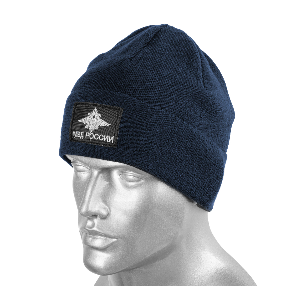 Шапка вязаная п/ш с флисовой подкладкой иссиня-черная с вышит. шевроном МВД России (орел МВД)