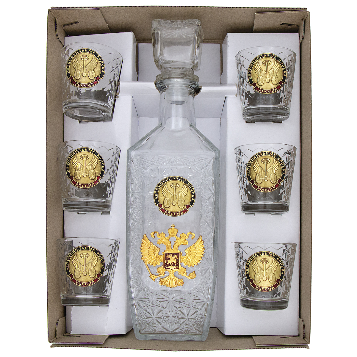 Набор подарочный стеклянный Штоф (0,5 л) и 6 стопок (50 мл) с мет. накладками Автомобильные войска