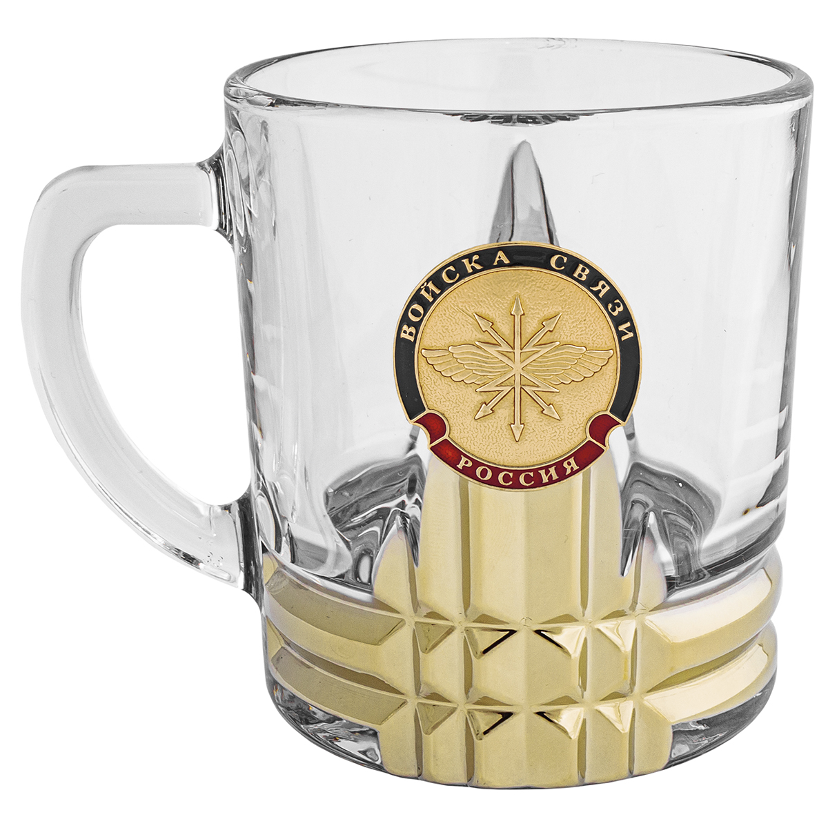 Кружка стекло (0,25 л) с металлизированным напылением и мет накладкой Войска связи