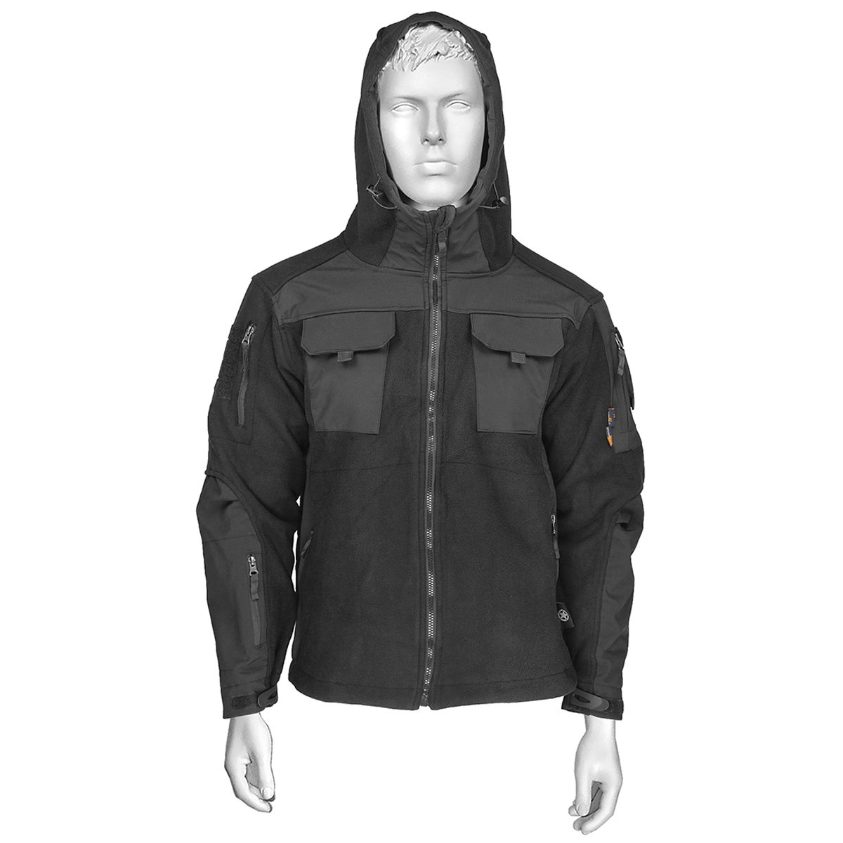 Кофта тактическая комбинированная (флис + ткань) с капюшоном Черная