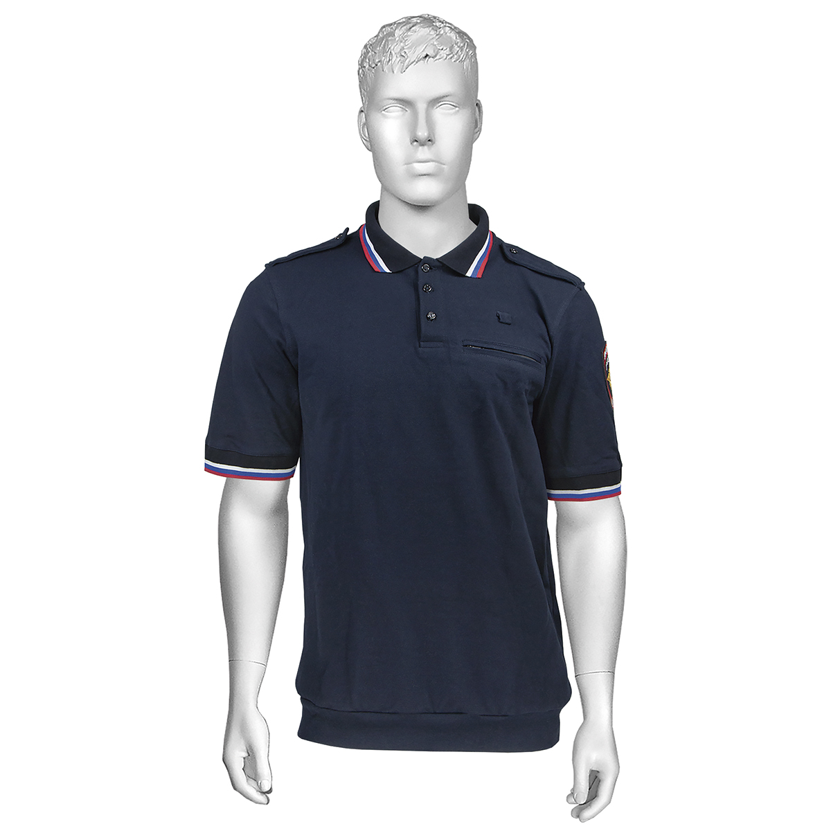 Рубашка поло Полиция темно-синяя (кор рук) (триколор на вороте и рукавах) х/б (низ на резинке) р-ры с 38 по 60