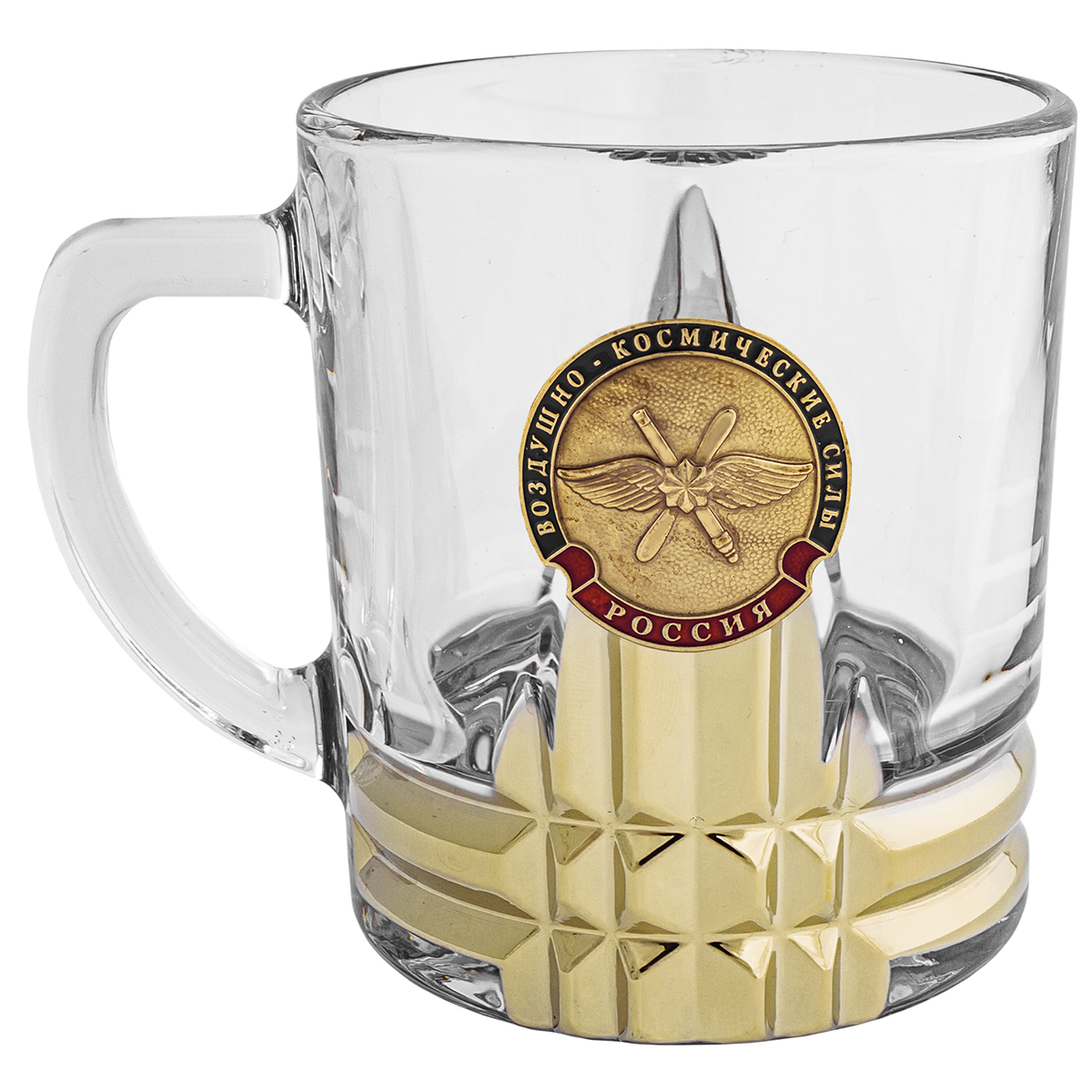 Кружка стекло (0,25 л) с металлизированным напылением и мет накладкой Воздушно-космические силы