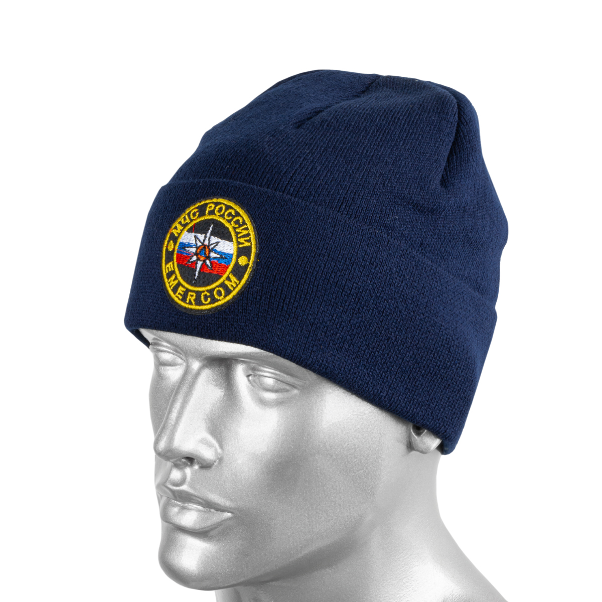 Шапка вязаная п/ш с флисовой подкладкой синяя с вышит. шевроном Emercom МЧС России (кругл.)
