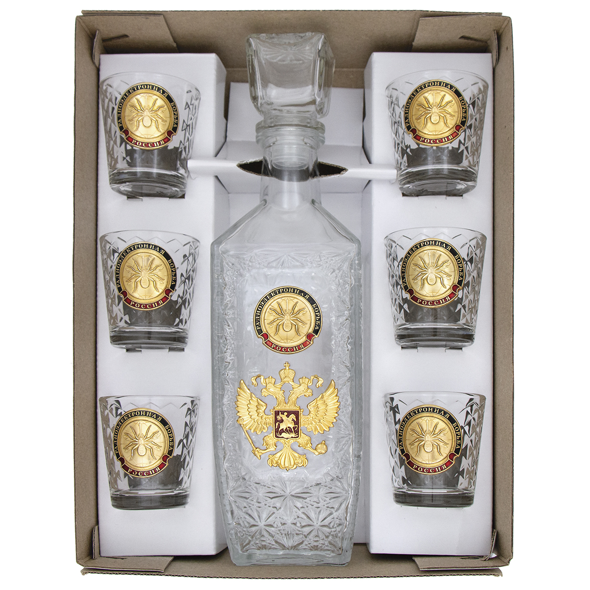 Набор подарочный стеклянный Штоф (0,5 л) и 6 стопок (50 мл) с мет. накладками РЭБ (паук)