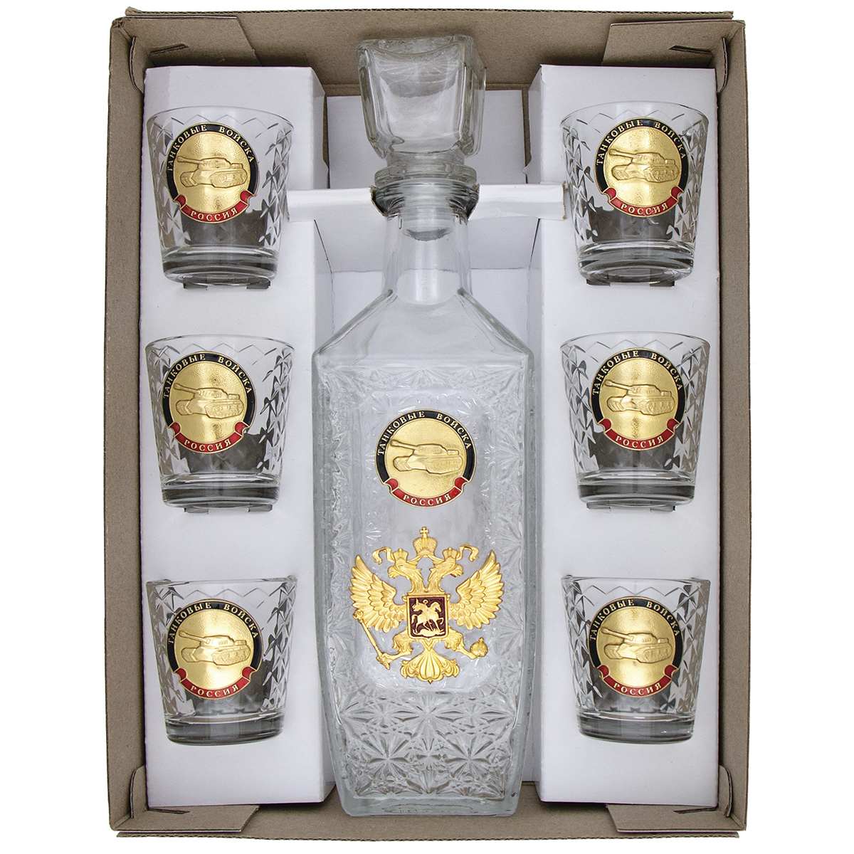 Набор подарочный стеклянный Штоф (0,5 л) и 6 стопок (50 мл) с мет. накладками Танковые войска