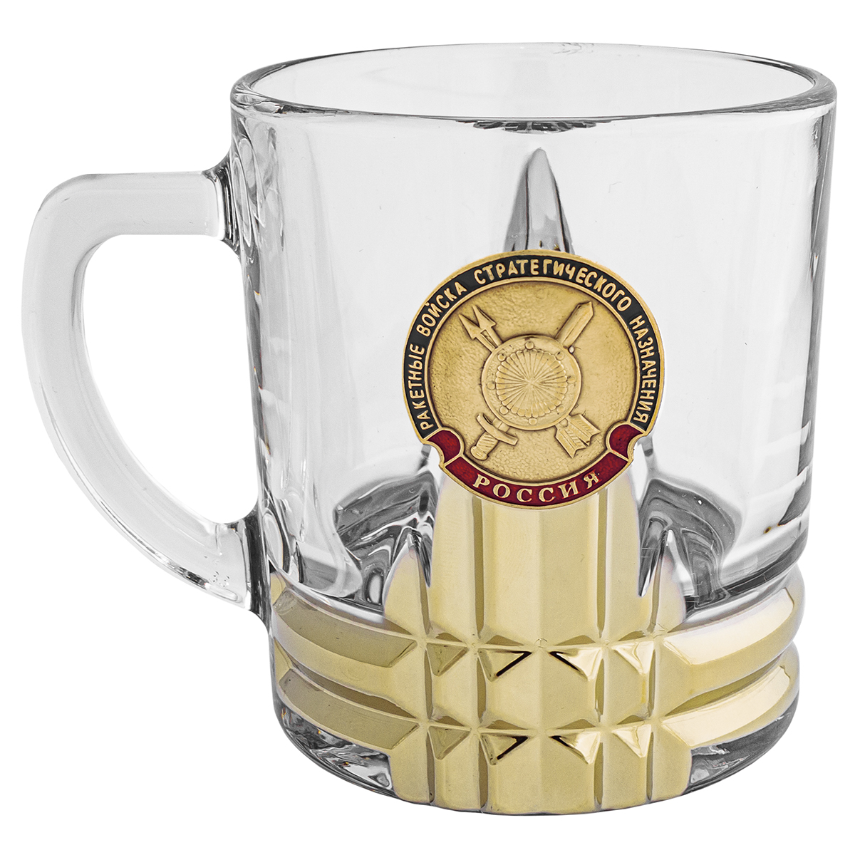 Кружка стекло (0,25 л) с металлизированным напылением и мет накладкой РВСН