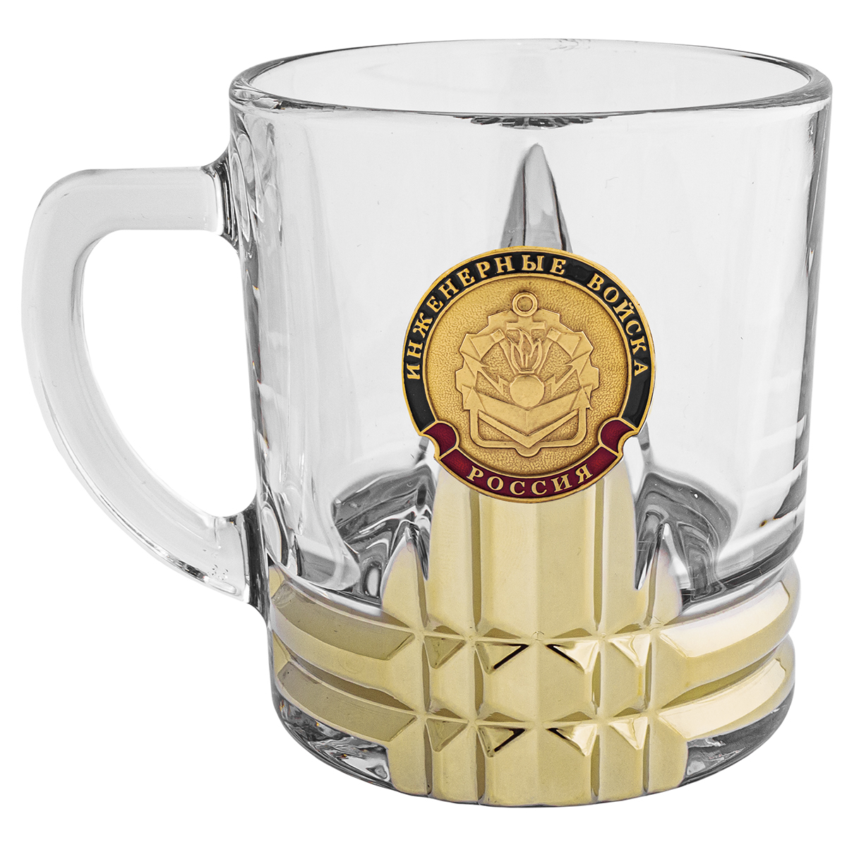 Кружка стекло (0,25 л) с металлизированным напылением и мет накладкой Инженерные войска